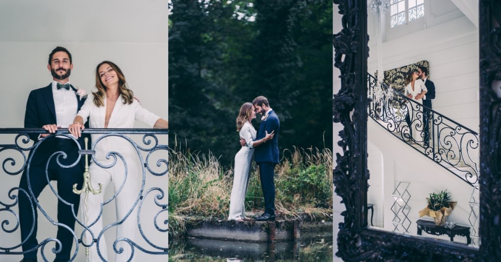 Emilie and Vael Wedding Chateau de la Cazine kissing on the balcony, by the ornate black mirror and out by the pretty pond on the chateau grounds