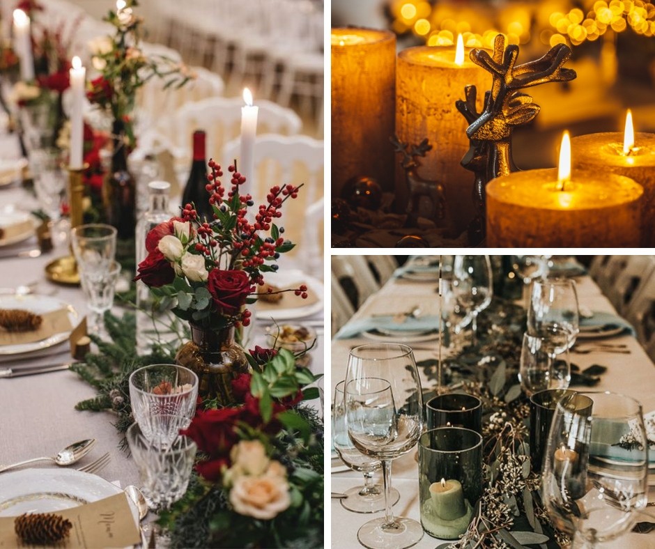 Festive Table Decoration for winter weddings, pine cones, greens and burgundy