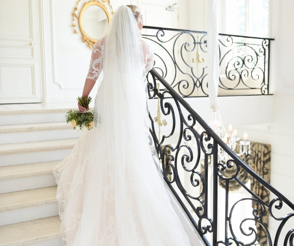 Real Wedding at Chateau de la Cazine, Bride on the staircase