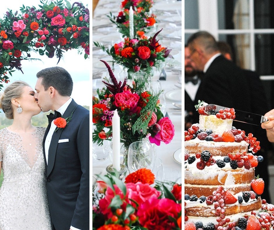 Bright pinks and reds with a festive Wedding Cake complete with seasonal berries at one of Chateau de la Cazine's Winter Weddings