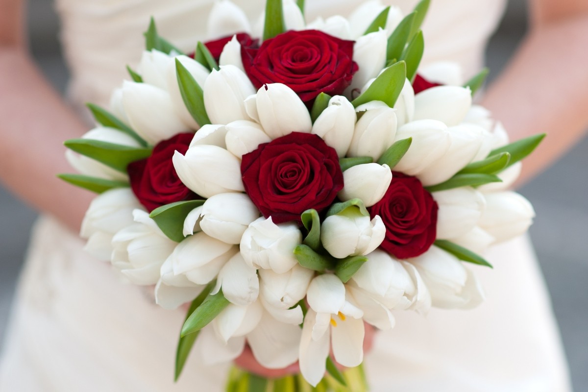 Bridal Bouquet with White Tulips and Red Roses