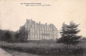 Black and White Photograph of the Chateau de la Cazine predicted to have been taken during the 1920s. The Trees in the foreground are very small.