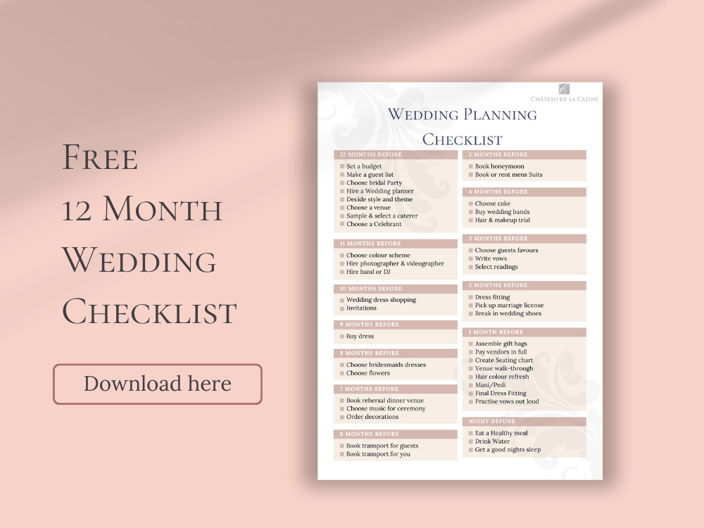 Graphic showing Chateau de la Cazine Free Wedding Checklist and download free
