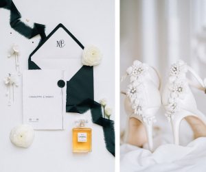 Wedding Day Prep Flat lay- Chanel Perfume, Invitation and Menu, Jewellery