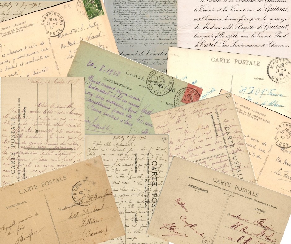 Cut outs of various handwritten postcards from 1900- 1947 
